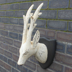 Whitewash Straight Horn Deer Head antique-style-buddha-heads ,wooden-carved-deer-heads